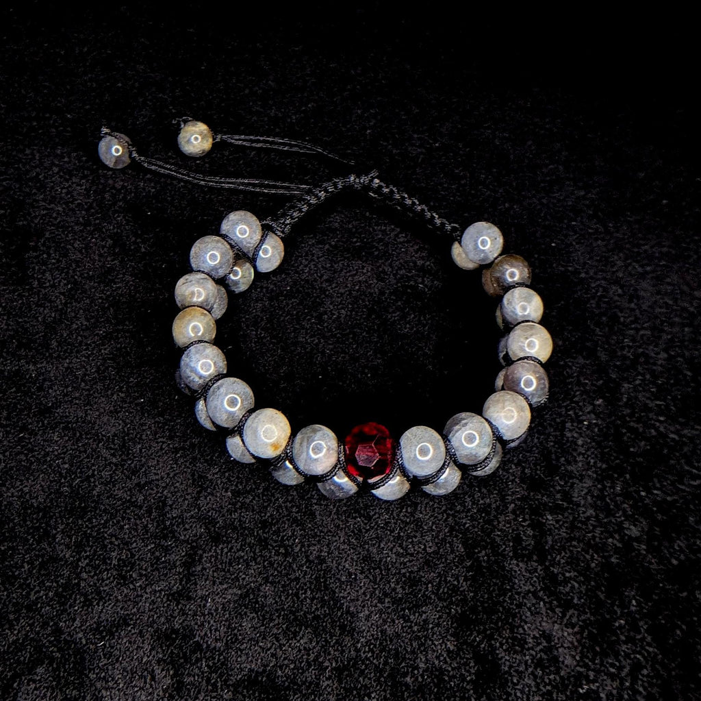 Labradorite with red glass bead double row bracelet