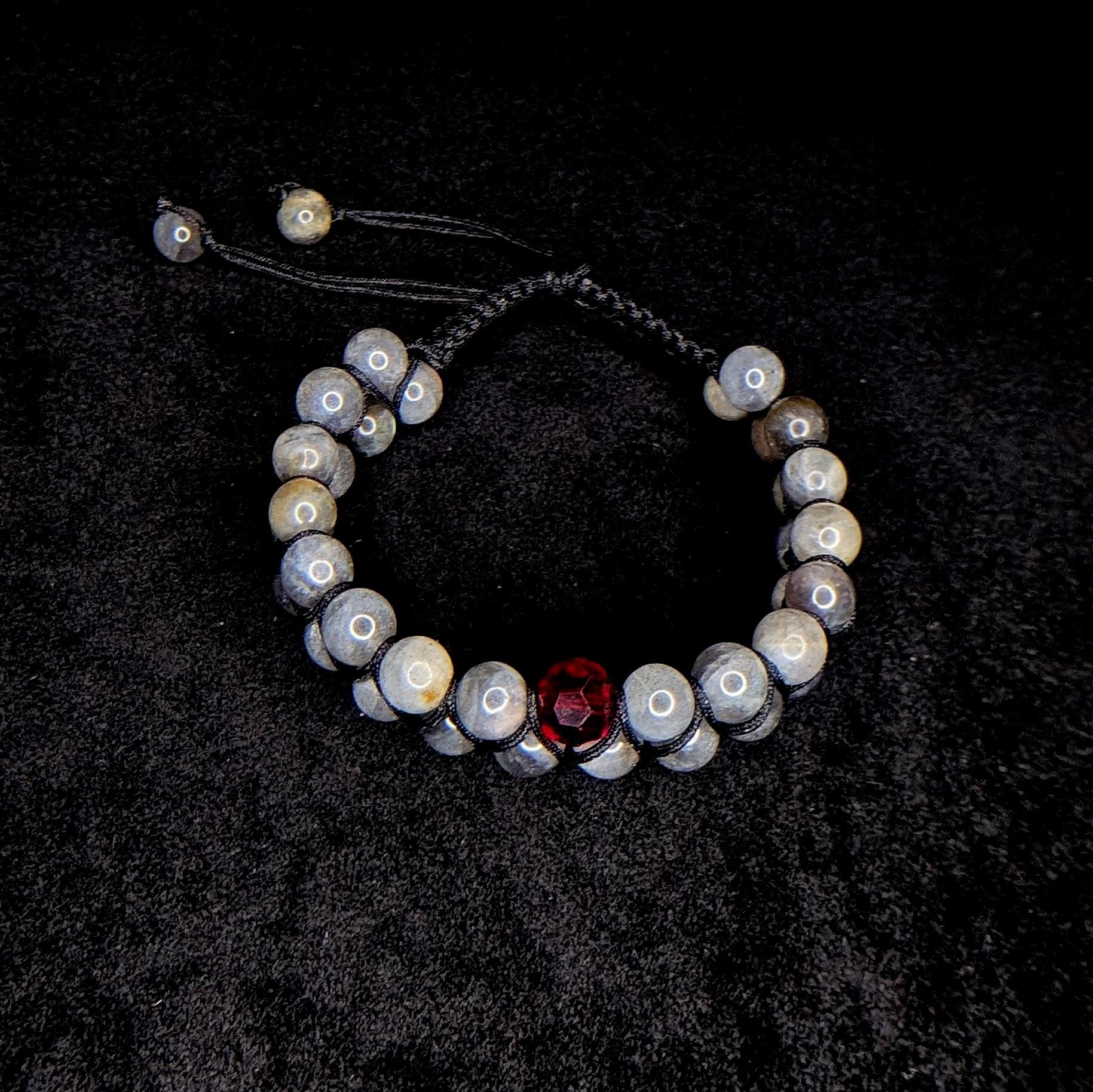 Labradorite with red glass bead double row bracelet