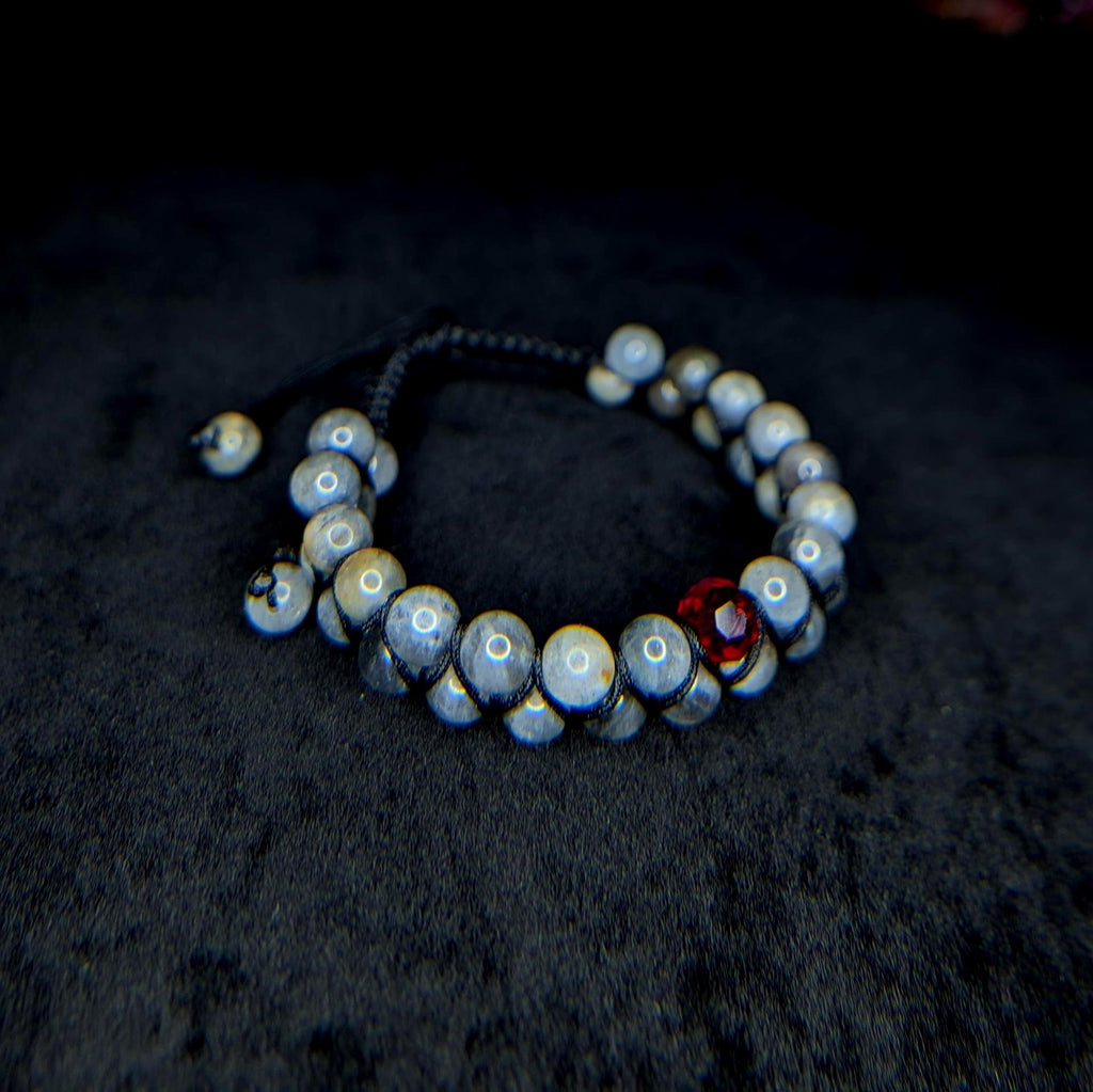 Labradorite with red glass bead double row bracelet