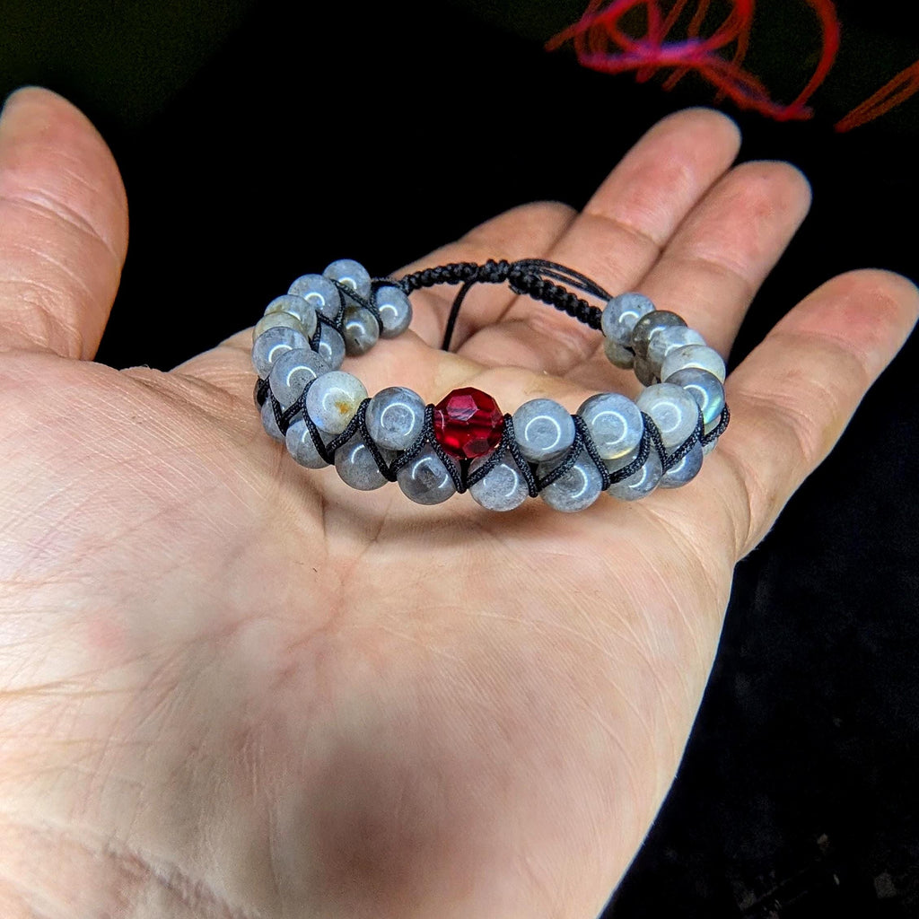 Labradorite with red glass bead double row bracelet