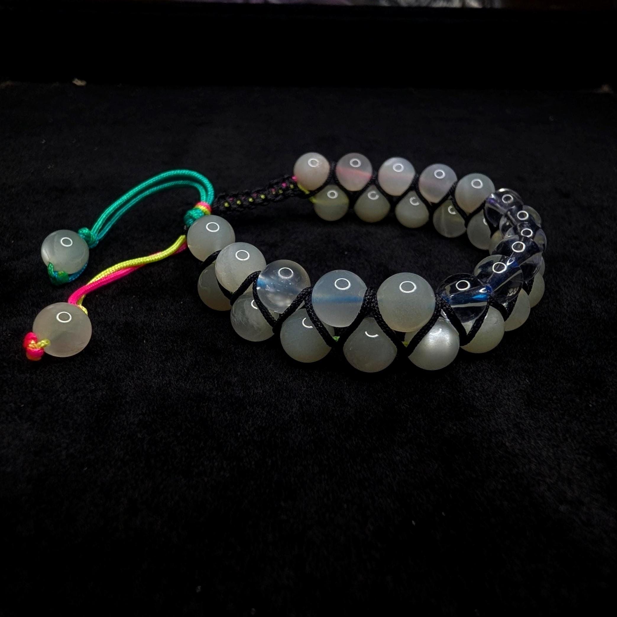 Clear quartz and moonstone double row bracelet | Rainbow or white cord wristband