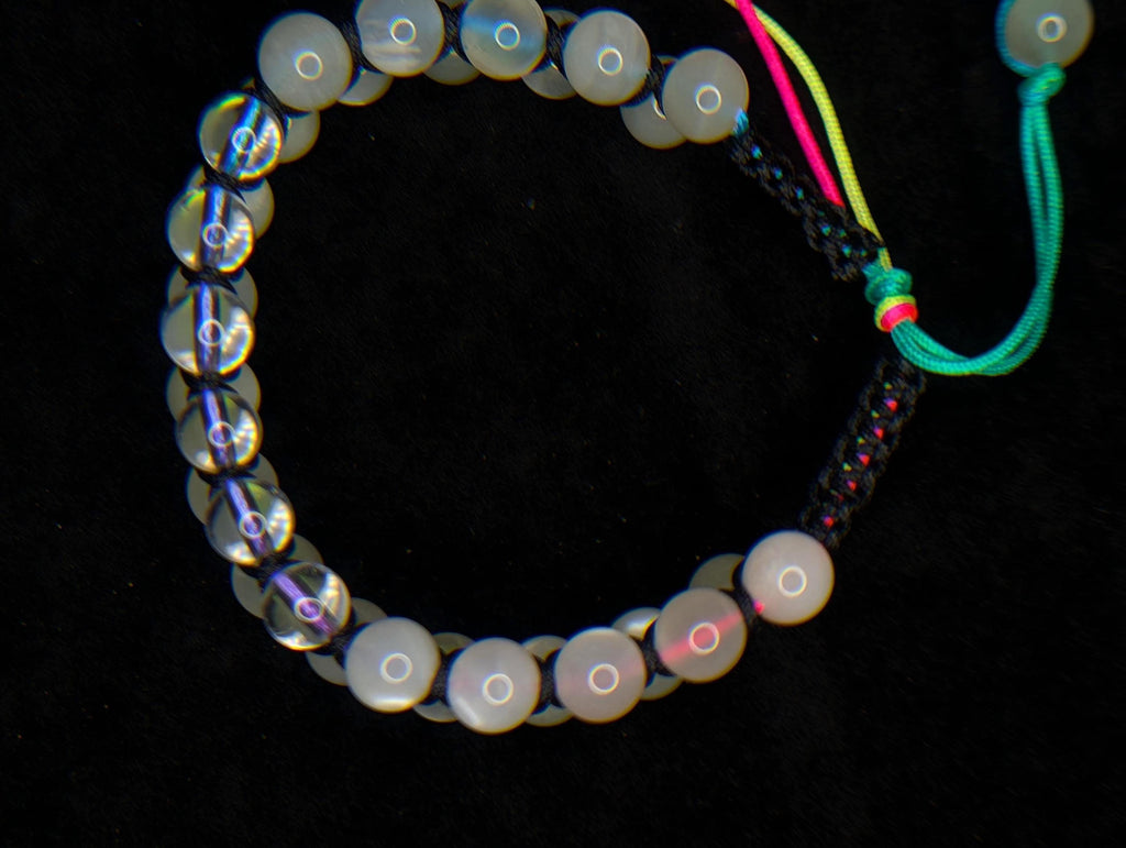 Clear quartz and moonstone double row bracelet | Rainbow or white cord wristband