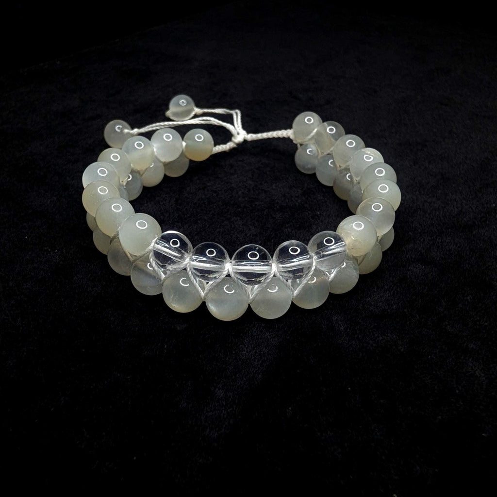 Clear quartz and moonstone double row bracelet | Rainbow or white cord wristband