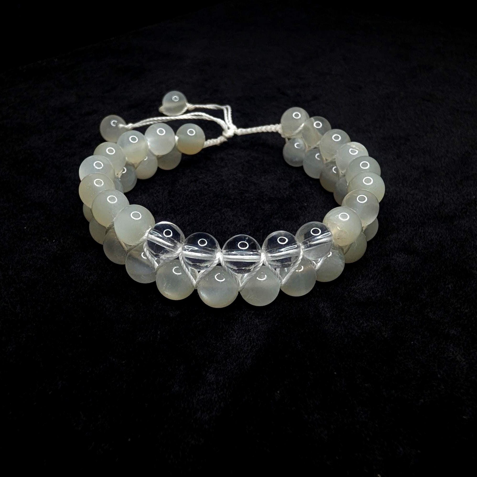 Clear quartz and moonstone double row bracelet | Rainbow or white cord wristband