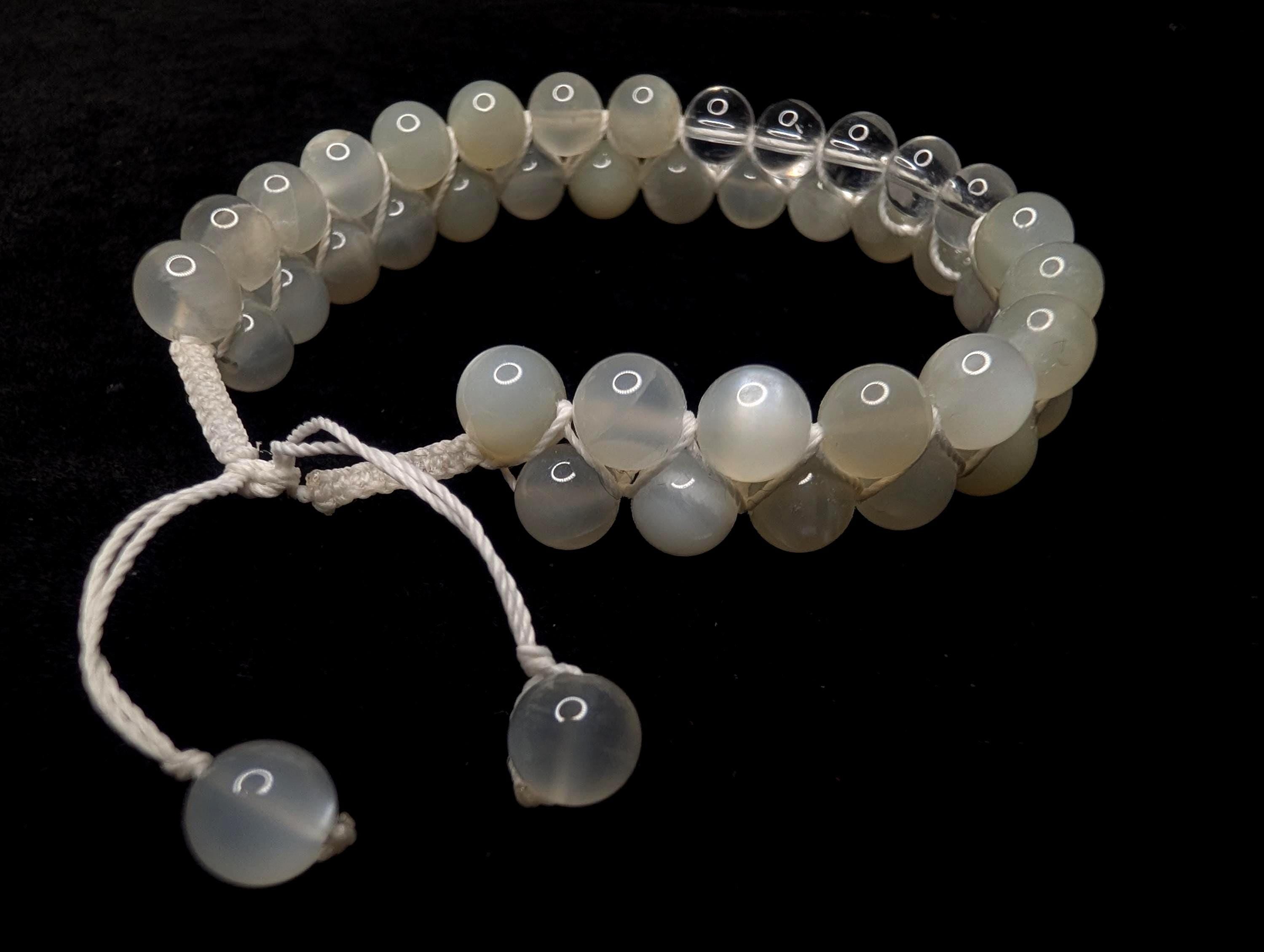 Clear quartz and moonstone double row bracelet | Rainbow or white cord wristband