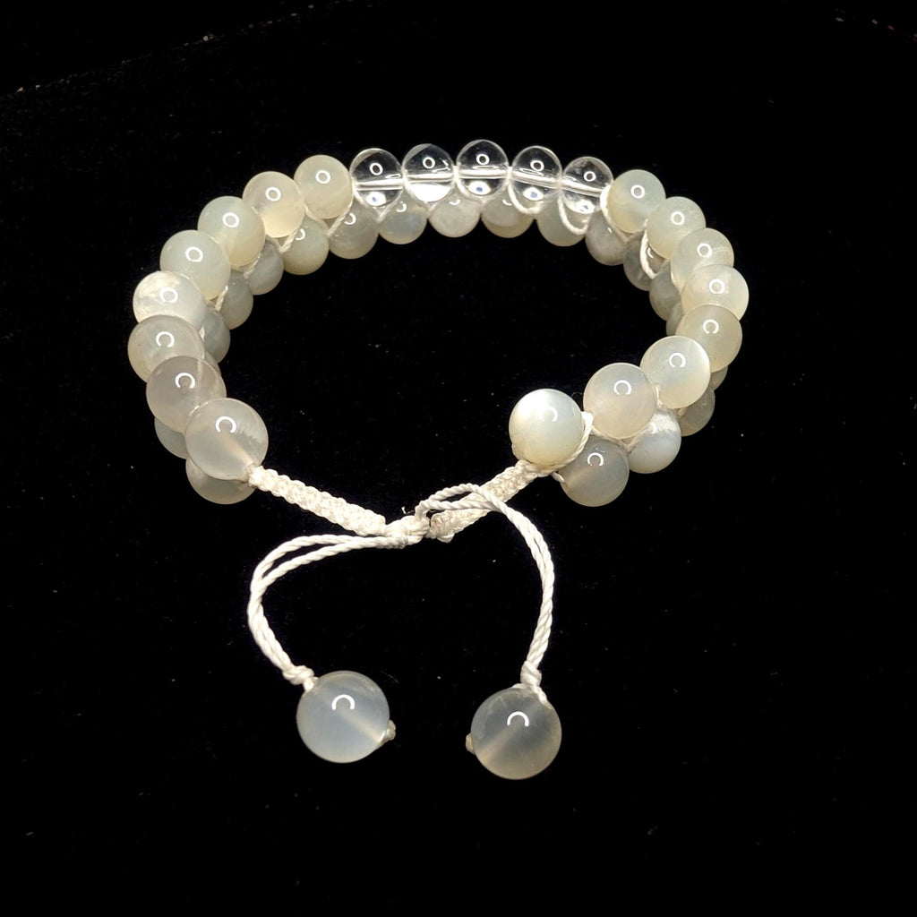 Clear quartz and moonstone double row bracelet | Rainbow or white cord wristband
