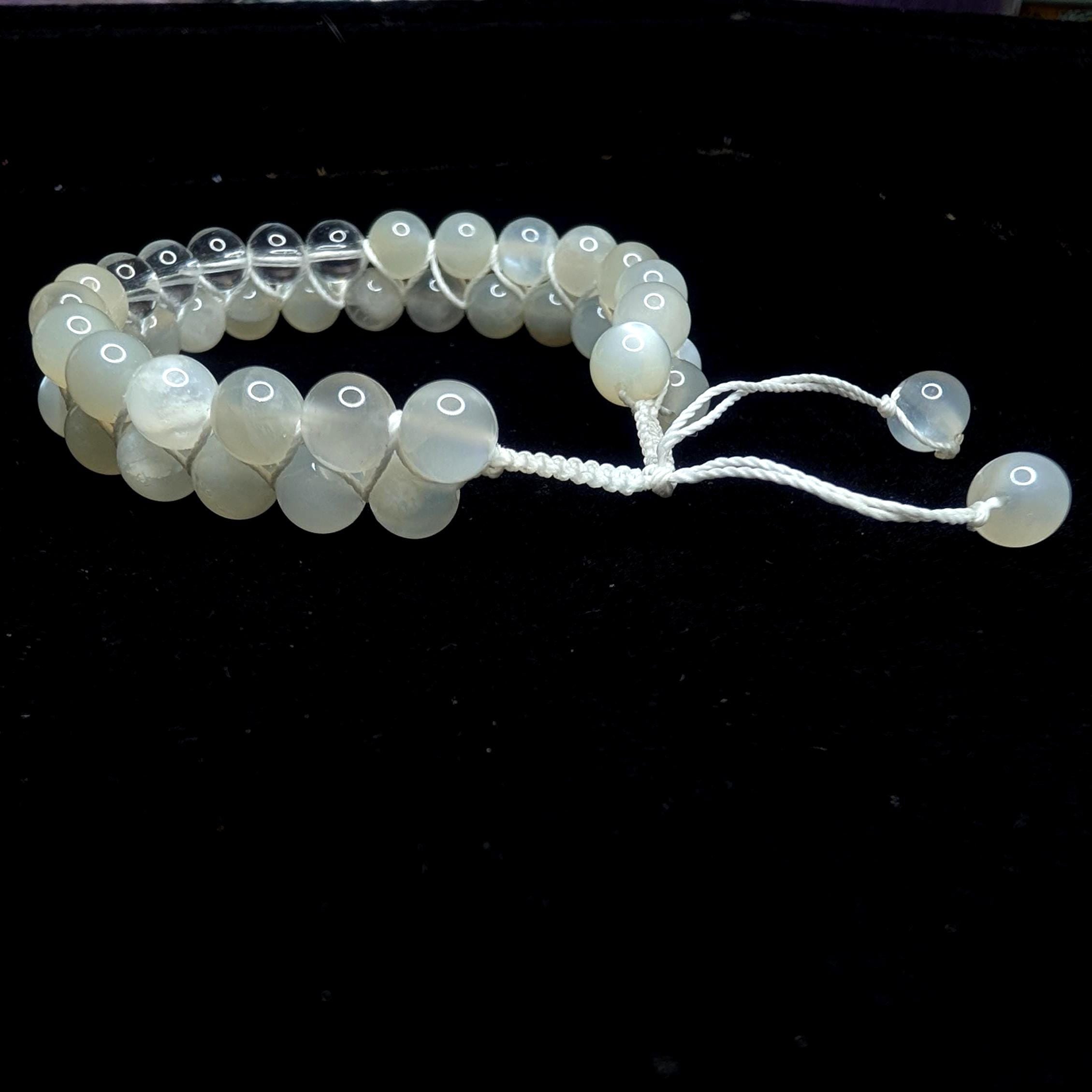 Clear quartz and moonstone double row bracelet | Rainbow or white cord wristband