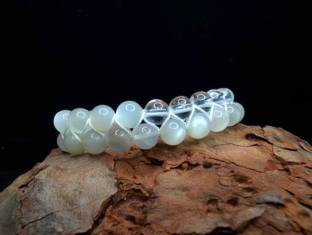 Clear quartz and moonstone double row bracelet | Rainbow or white cord wristband