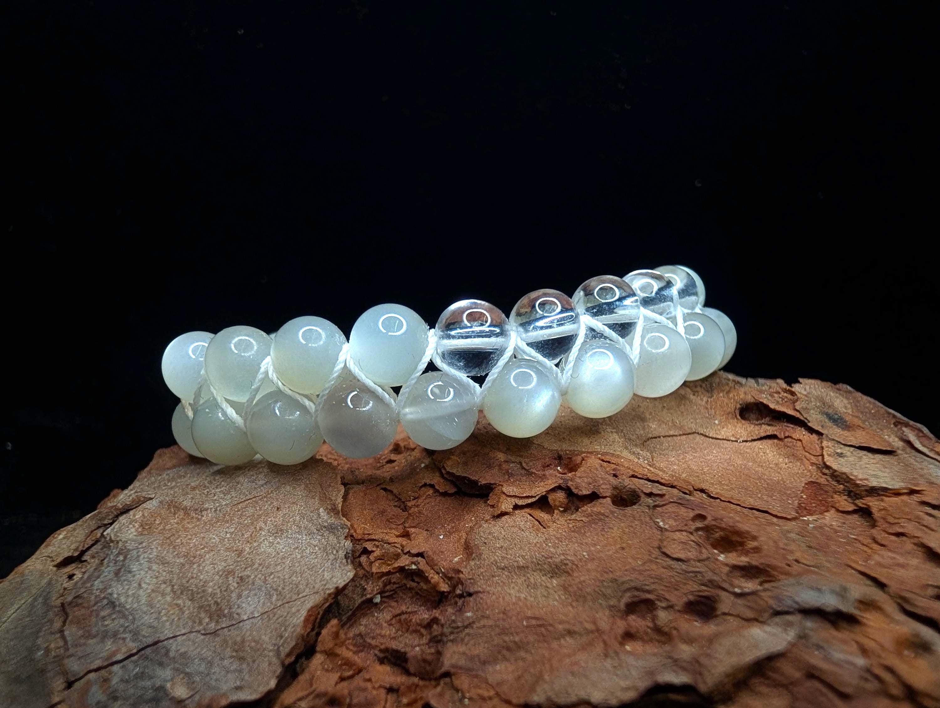 Clear quartz and moonstone double row bracelet | Rainbow or white cord wristband