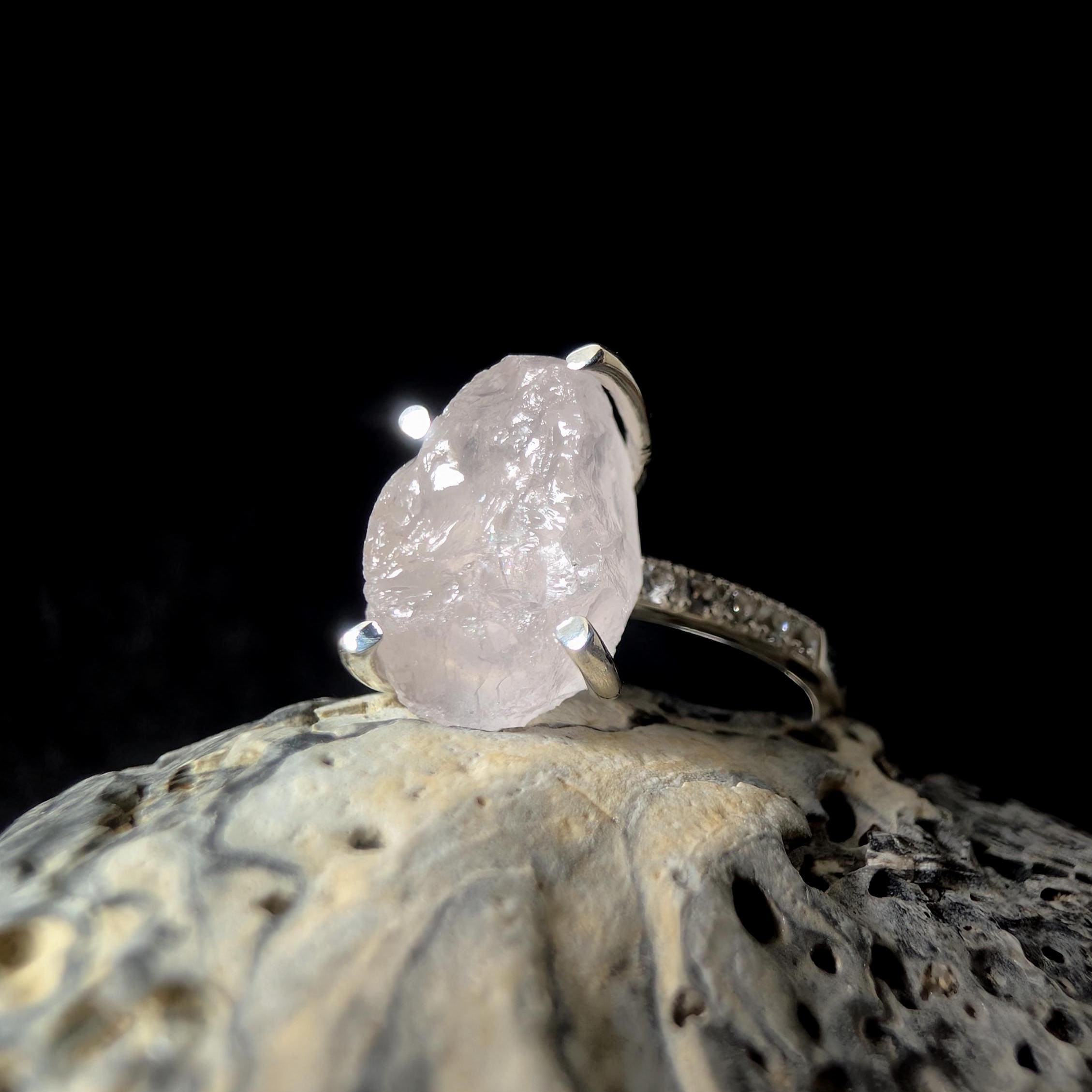 Raw natural rose quartz and white topaz ring | 925 Sterling Silver