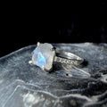 Raw natural rainbow moonstone and white topaz ring | 925 Sterling Silver