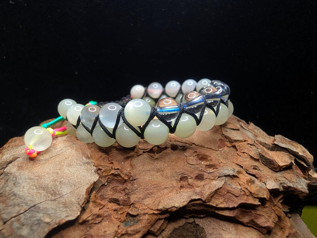 Clear quartz and moonstone double row bracelet | Rainbow or white cord wristband
