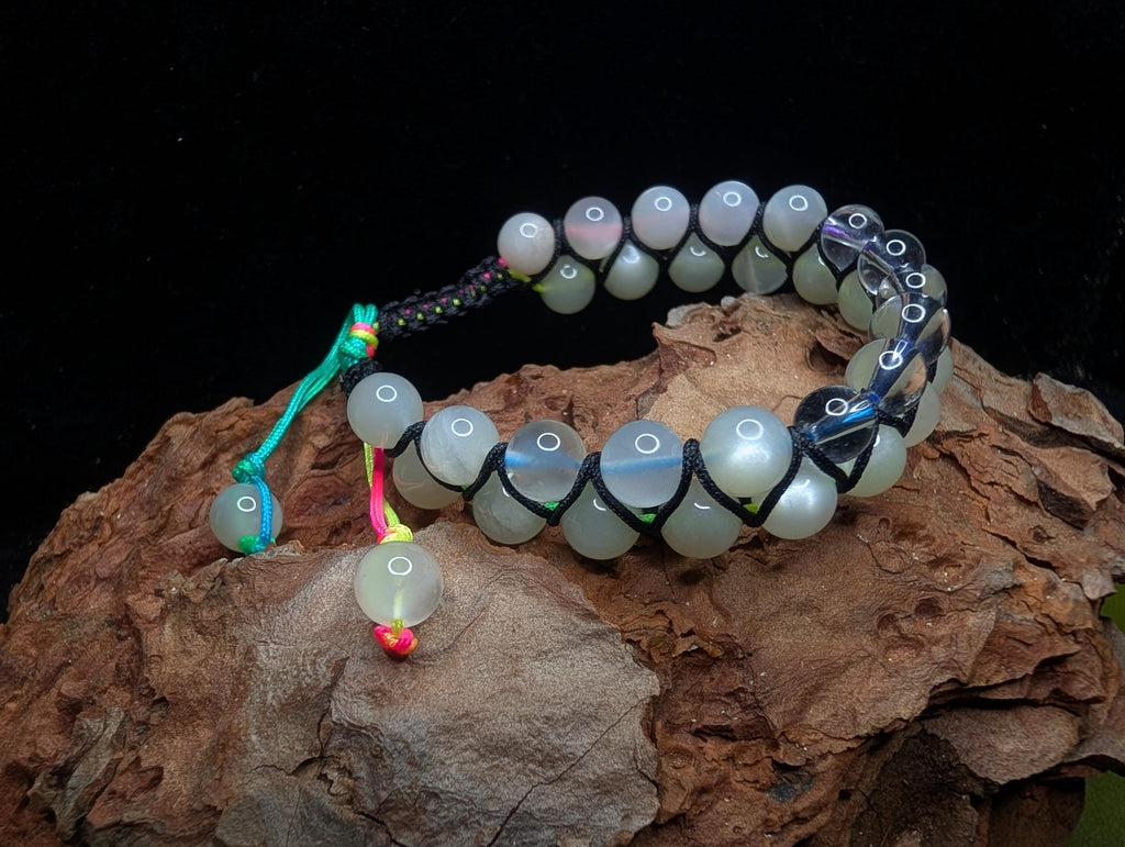 Clear quartz and moonstone double row bracelet | Rainbow or white cord wristband