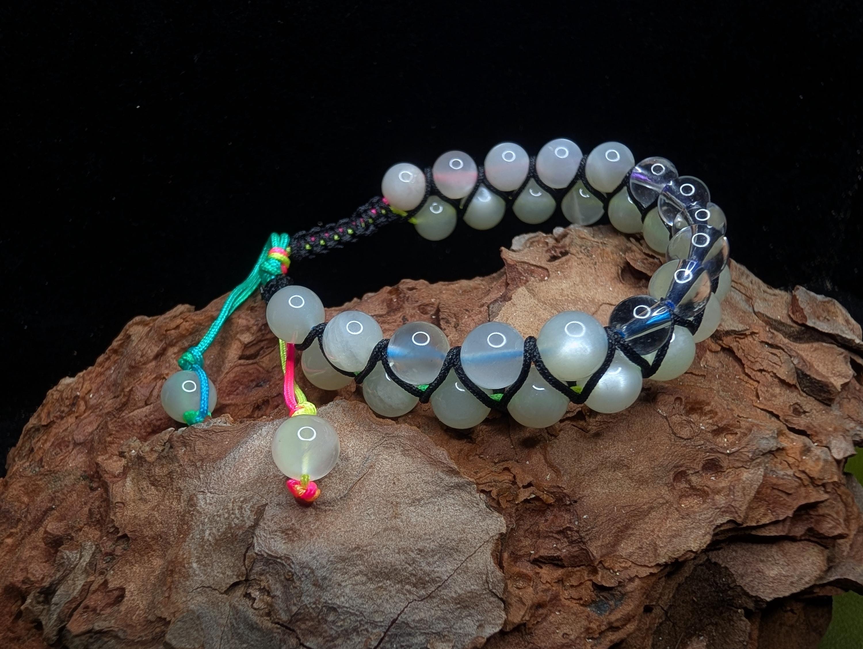 Clear quartz and moonstone double row bracelet | Rainbow or white cord wristband