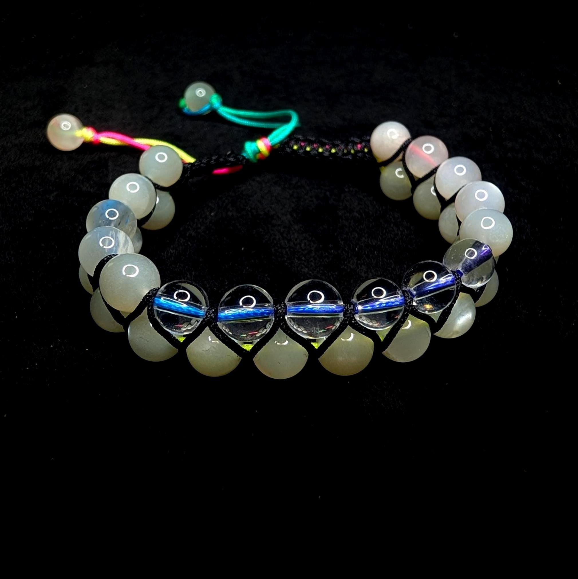 Clear quartz and moonstone double row bracelet | Rainbow or white cord wristband