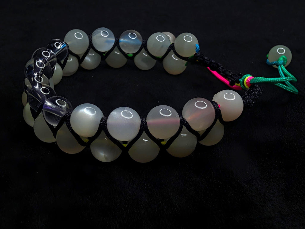 Clear quartz and moonstone double row bracelet | Rainbow or white cord wristband