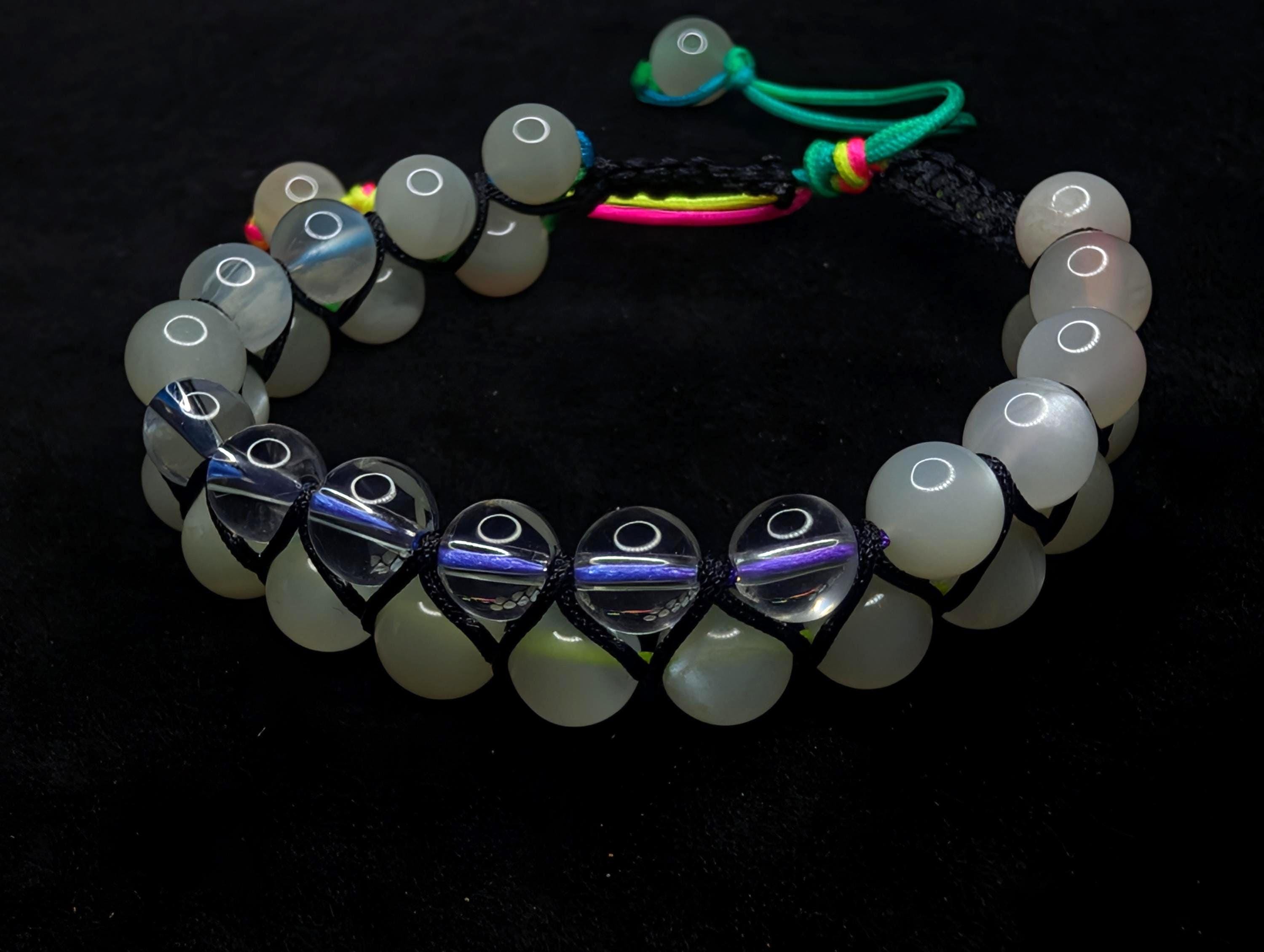 Clear quartz and moonstone double row bracelet | Rainbow or white cord wristband