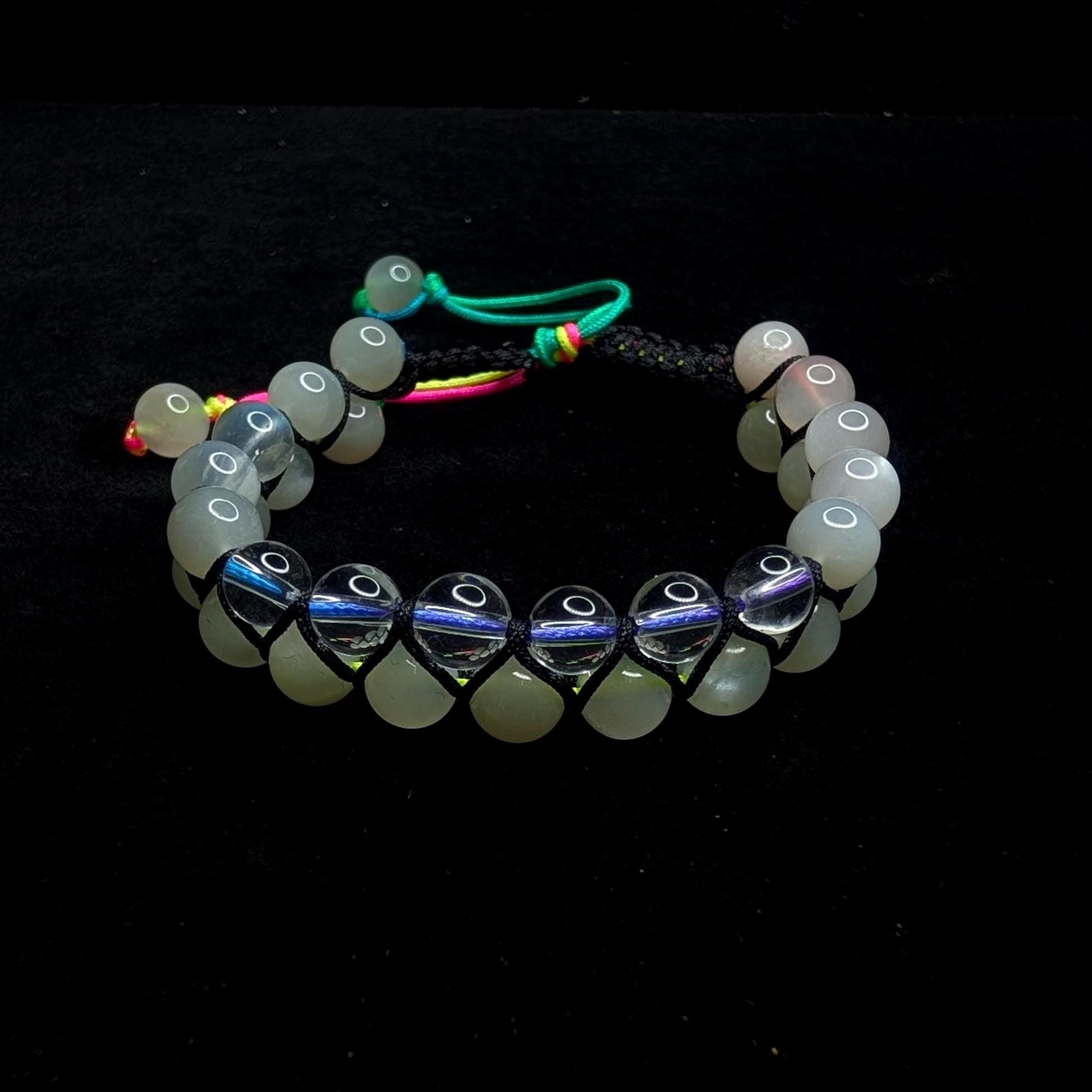 Clear quartz and moonstone double row bracelet | Rainbow or white cord wristband