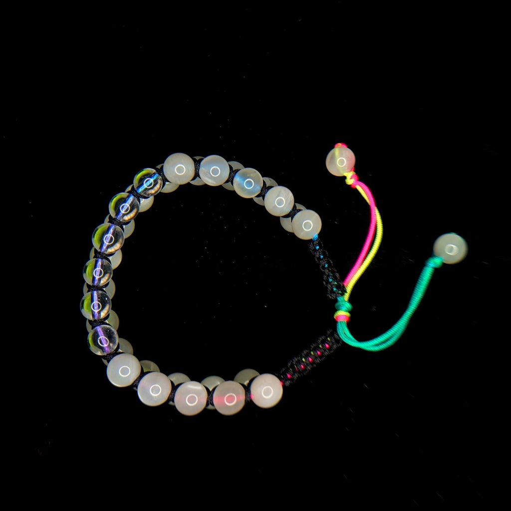 Clear quartz and moonstone double row bracelet | Rainbow or white cord wristband