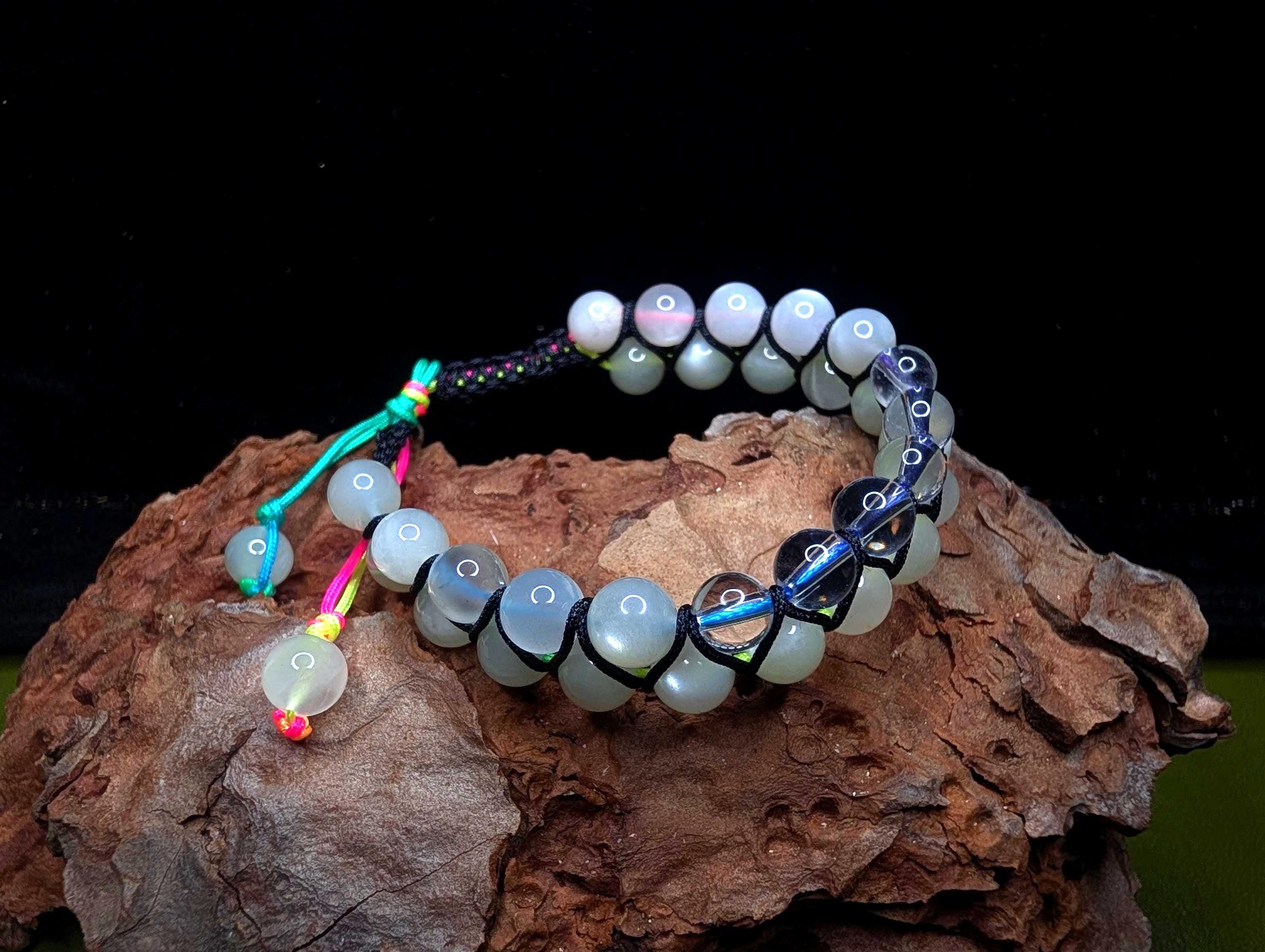 Clear quartz and moonstone double row bracelet | Rainbow or white cord wristband