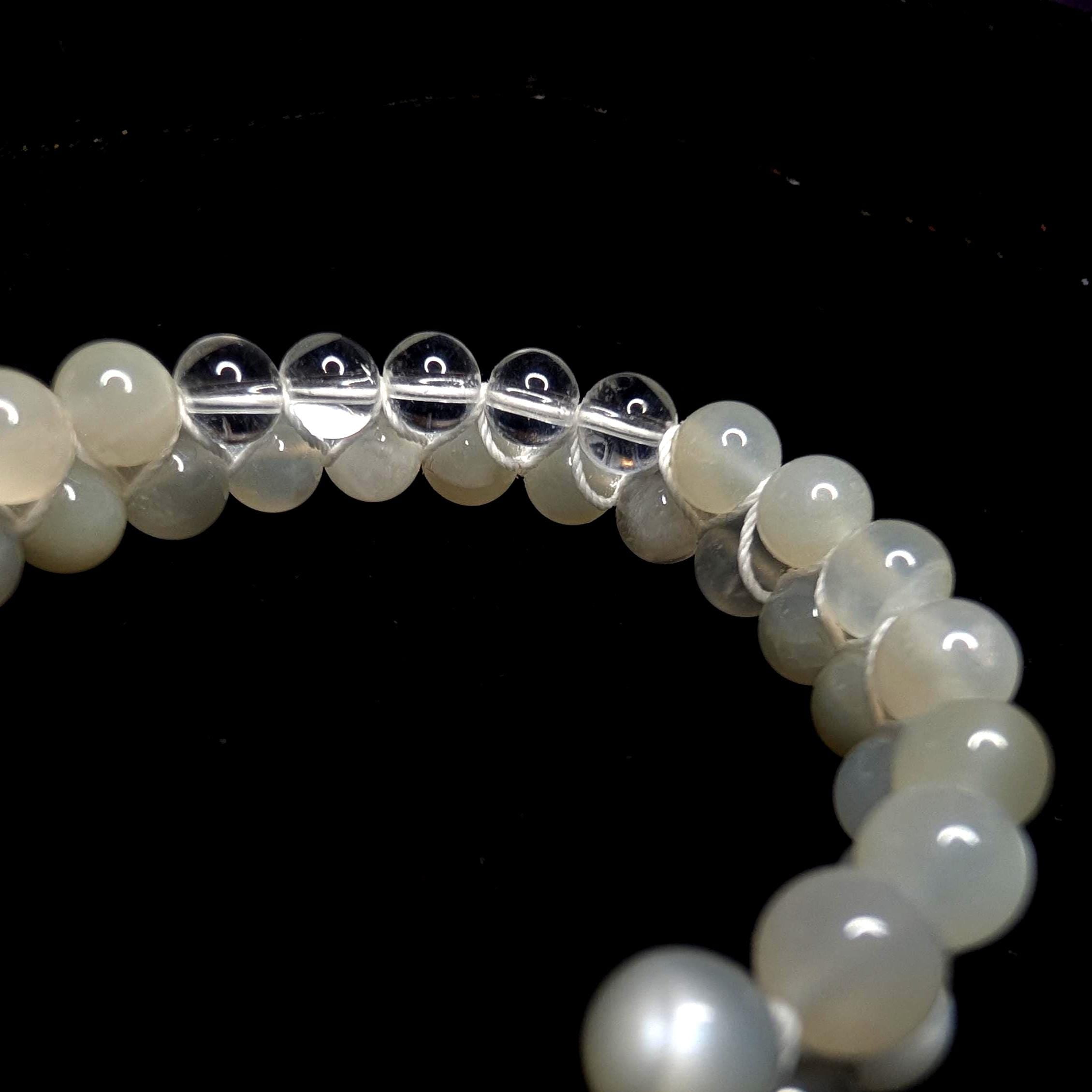 Clear quartz and moonstone double row bracelet | Rainbow or white cord wristband