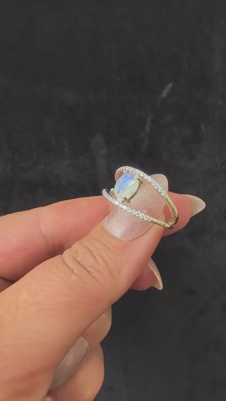 Double band rainbow moonstone & white topaz ring – 925 Sterling Silver | statement witchy ring