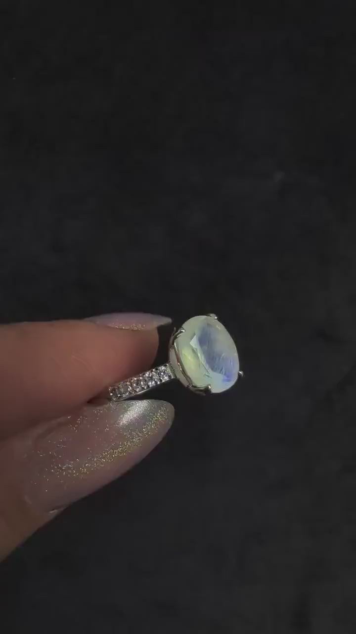 Large natural rainbow moonstone & white topaz ring – 925 Sterling Silver | statement witchy ring