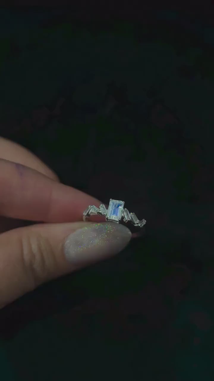 Statement rainbow moonstone & white topaz ring – 925 Sterling Silver | Bold witchy ring