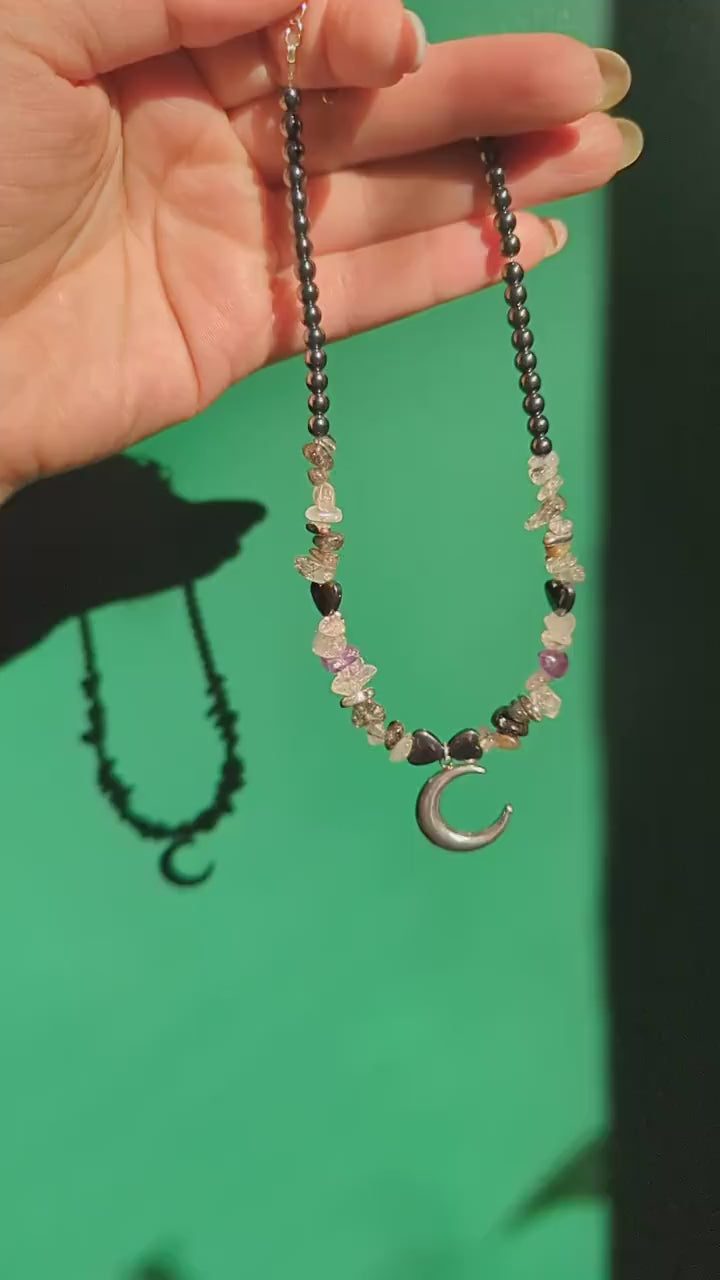 Moonstone amethyst and hematite choker | Gothic crescent moon pendant | Statement witchy necklace | Whimsigoth crystal jewellery