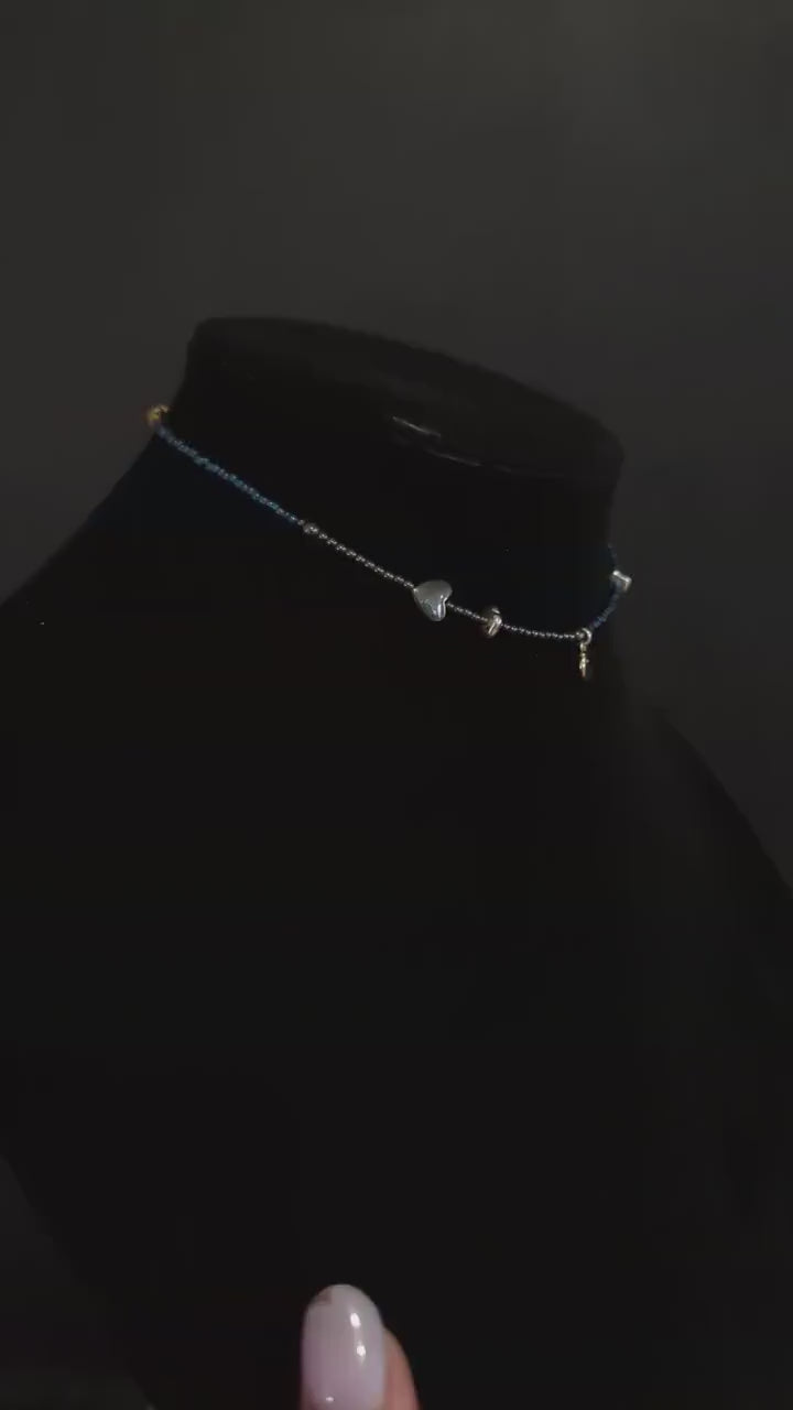 Hematite and blue glass bead necklace | Moon witchy gothic choker | Custom crystal dainty layering necklace | Celestial jewellery