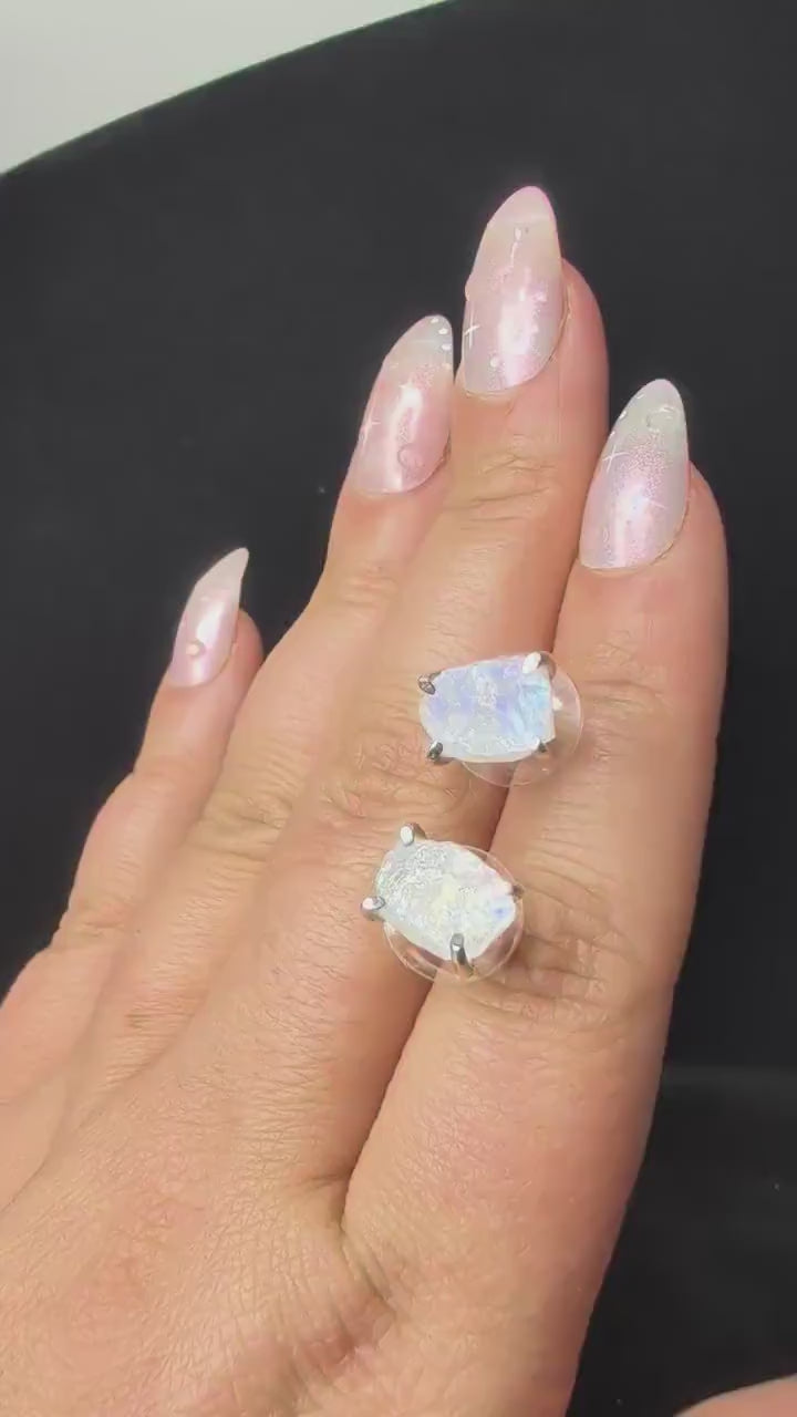 Raw rainbow moonstone stud earrings | 925 sterling silver