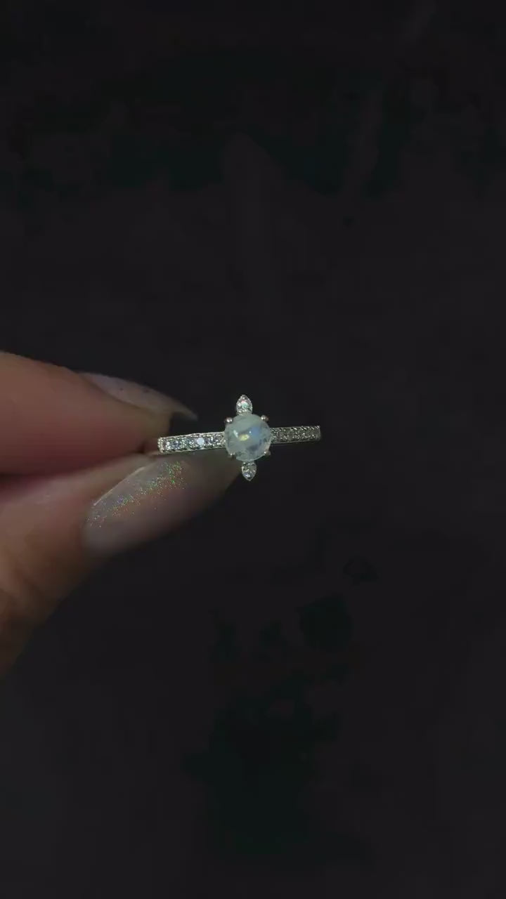 Round rainbow moonstone and white topaz ring | 925 sterling silver witchy jewellery | Alternative engagement ring | Whimsigoth crystal ring