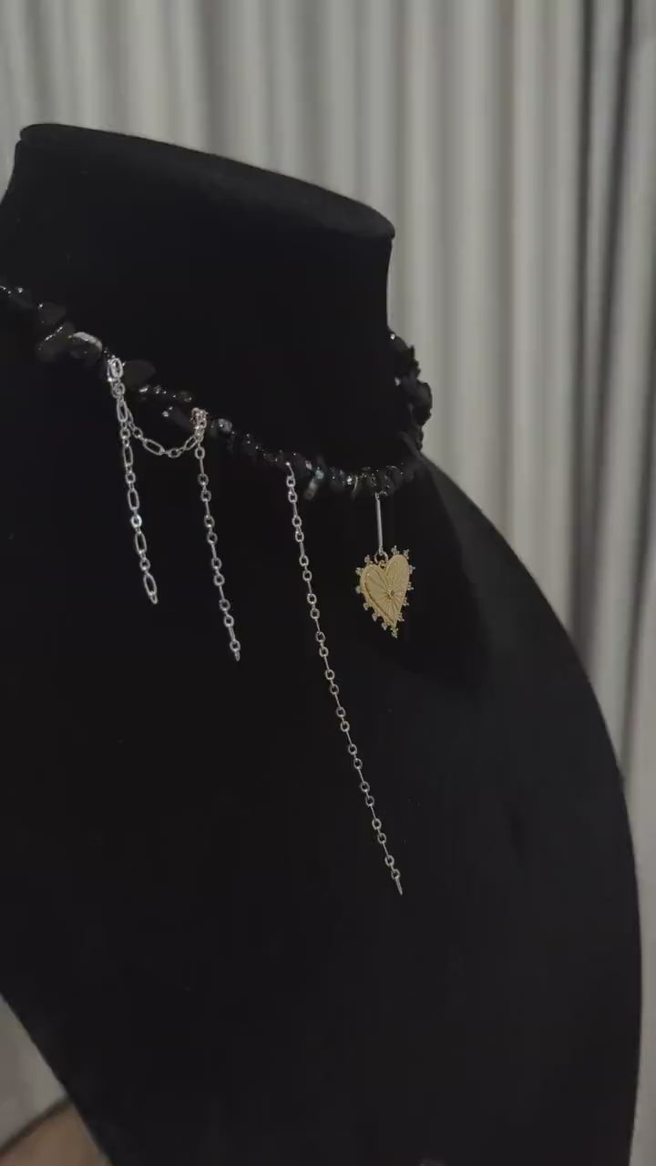 Black Onyx Choker: Gothic Layered Necklace with Sacred Heart Charm | Dainty | Tarnish Resistant