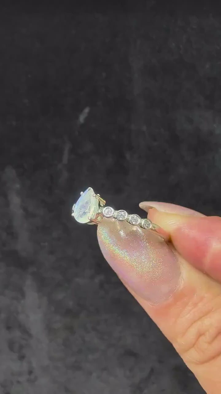 Statement rainbow moonstone and white topaz ring – 925 Sterling Silver | Bold Witchy Jewellery