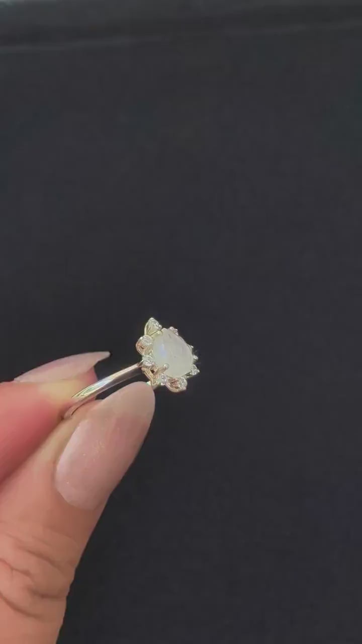Statement rainbow moonstone & white topaz ring – 925 Sterling Silver | bold witchy ring