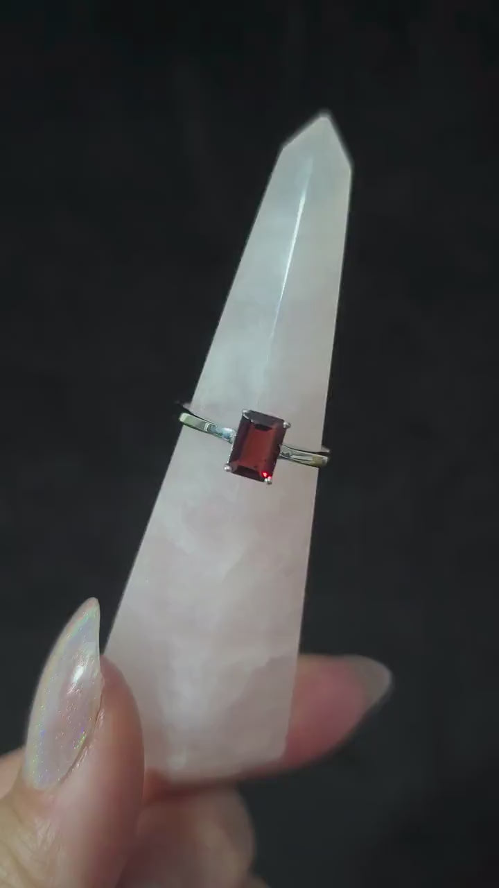 Elegant natural garnet rectangle ring | 925 sterling silver witchy jewellery | Gothic statement ring | Alternative engagement piece