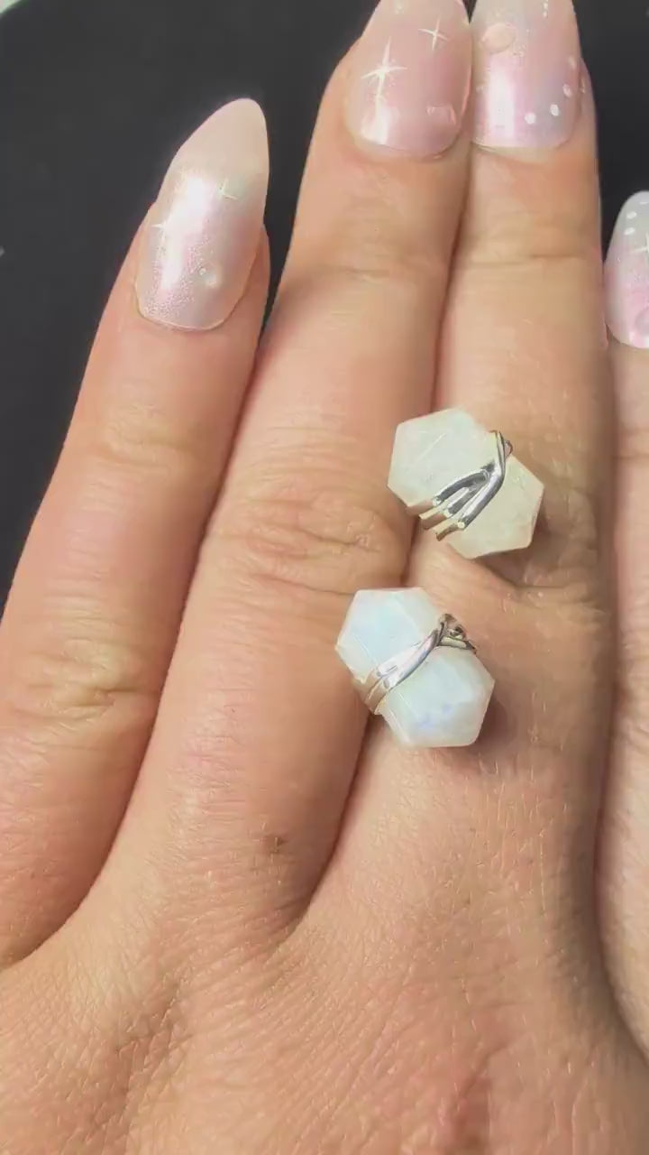 Rainbow moonstone wire wrapped stud earrings | 925 sterling silver