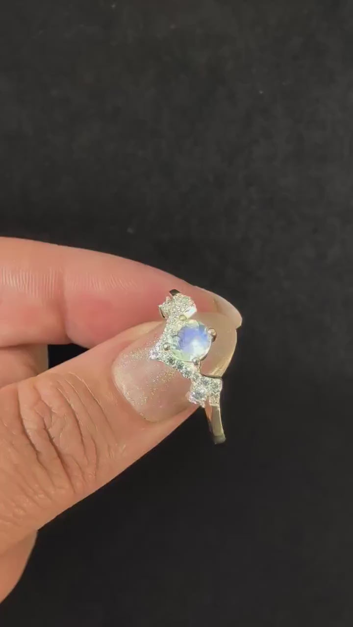 Statement rainbow moonstone & white topaz ring – 925 Sterling Silver | bold witchy ring
