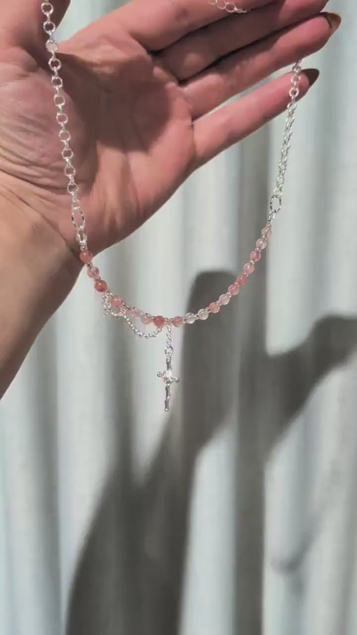 Cherry Quartz Multi-Style Necklace with a Cross Pendant | Adjustable Gothic Jewellery