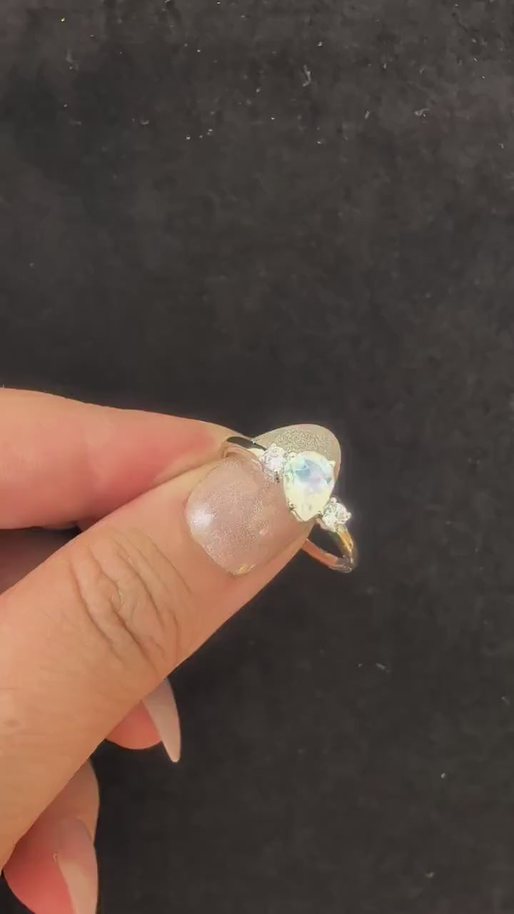 Pear rainbow moonstone & white topaz ring – 925 Sterling Silver | elegant witchy ring