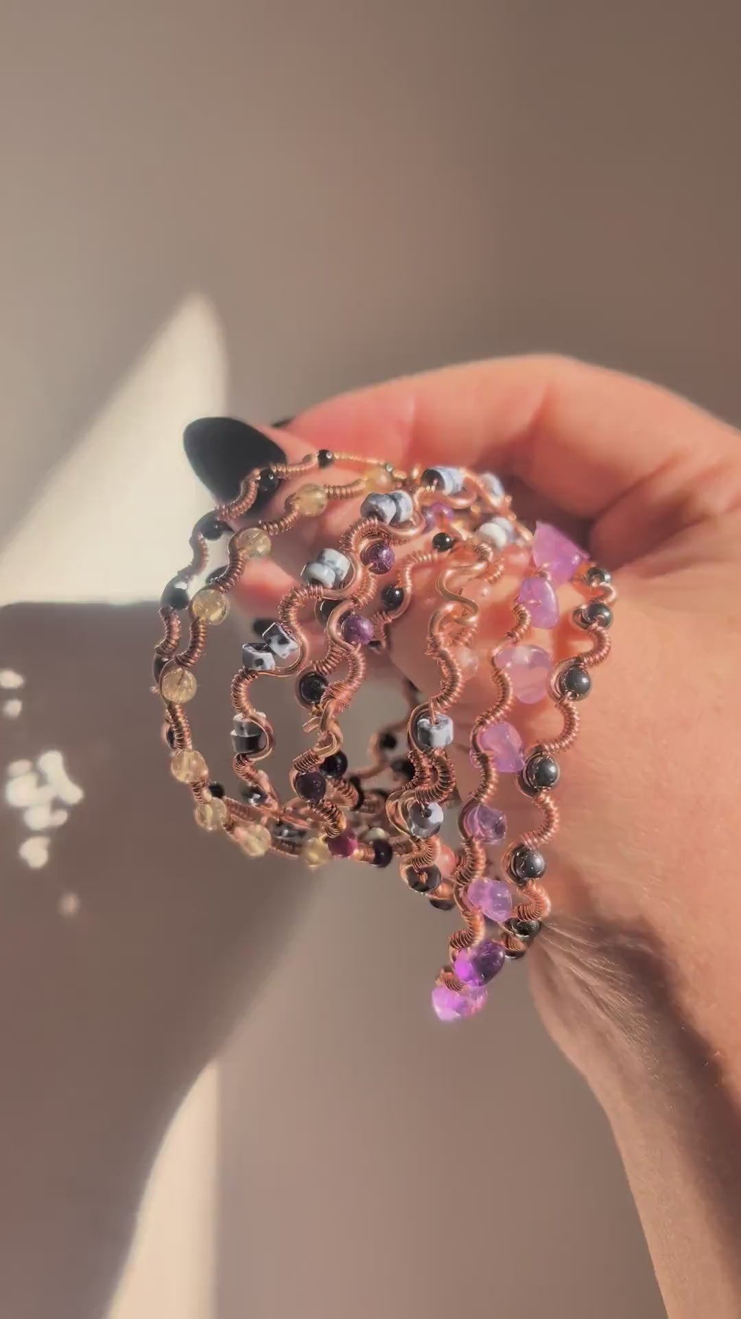 Custom copper wire wrapped crystal bracelet | Gemstone squiggle cuff | Personalised witchcore jewellery | Whimsigoth bead bracelet