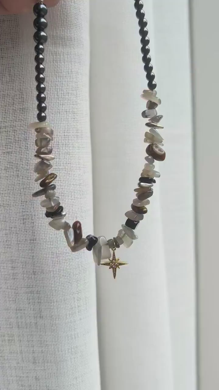 Witchy moonstone tiger eye and hematite choker | Gold star pendant necklace | Celestial crystal jewellery | Witchcore protection amulet