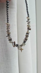 Witchy moonstone tiger eye and hematite choker | Gold star pendant necklace | Celestial crystal jewellery | Witchcore protection amulet