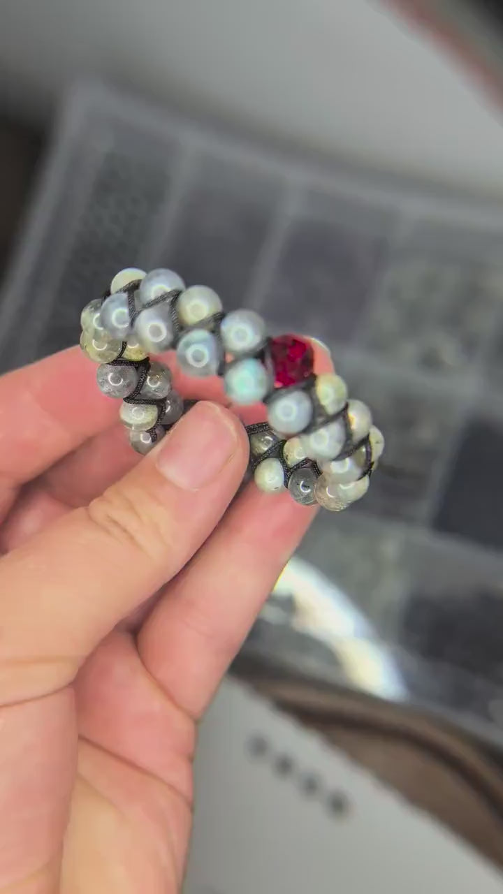 Labradorite bracelet with red glass bead | Gothic boho double row crystal wristband | Witchy protective amulet