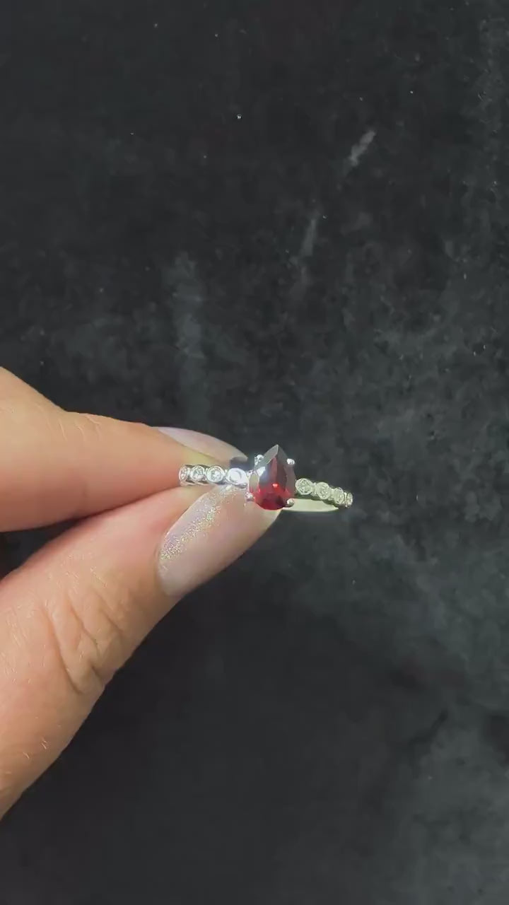 Statement garnet and white topaz ring | 925 sterling silver pear cut jewellery | Gothic witchy statement | Alternative engagement piece